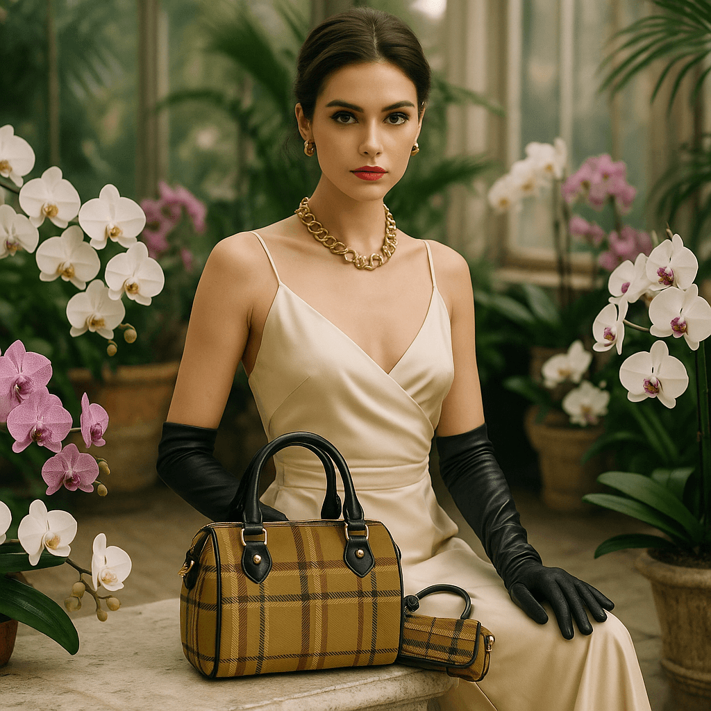 Olive tartan Boston bag by Angelic Blessings Shop displayed with matching wallet and elegant outfit