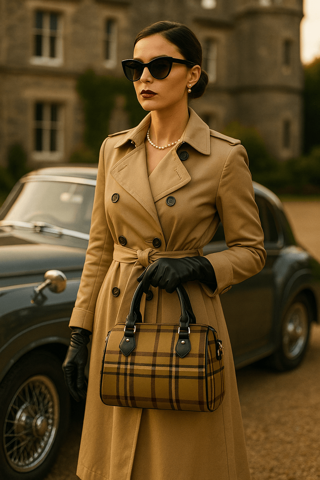 Woman in tan trench coat holding olive tartan Boston bag with black handles outdoors