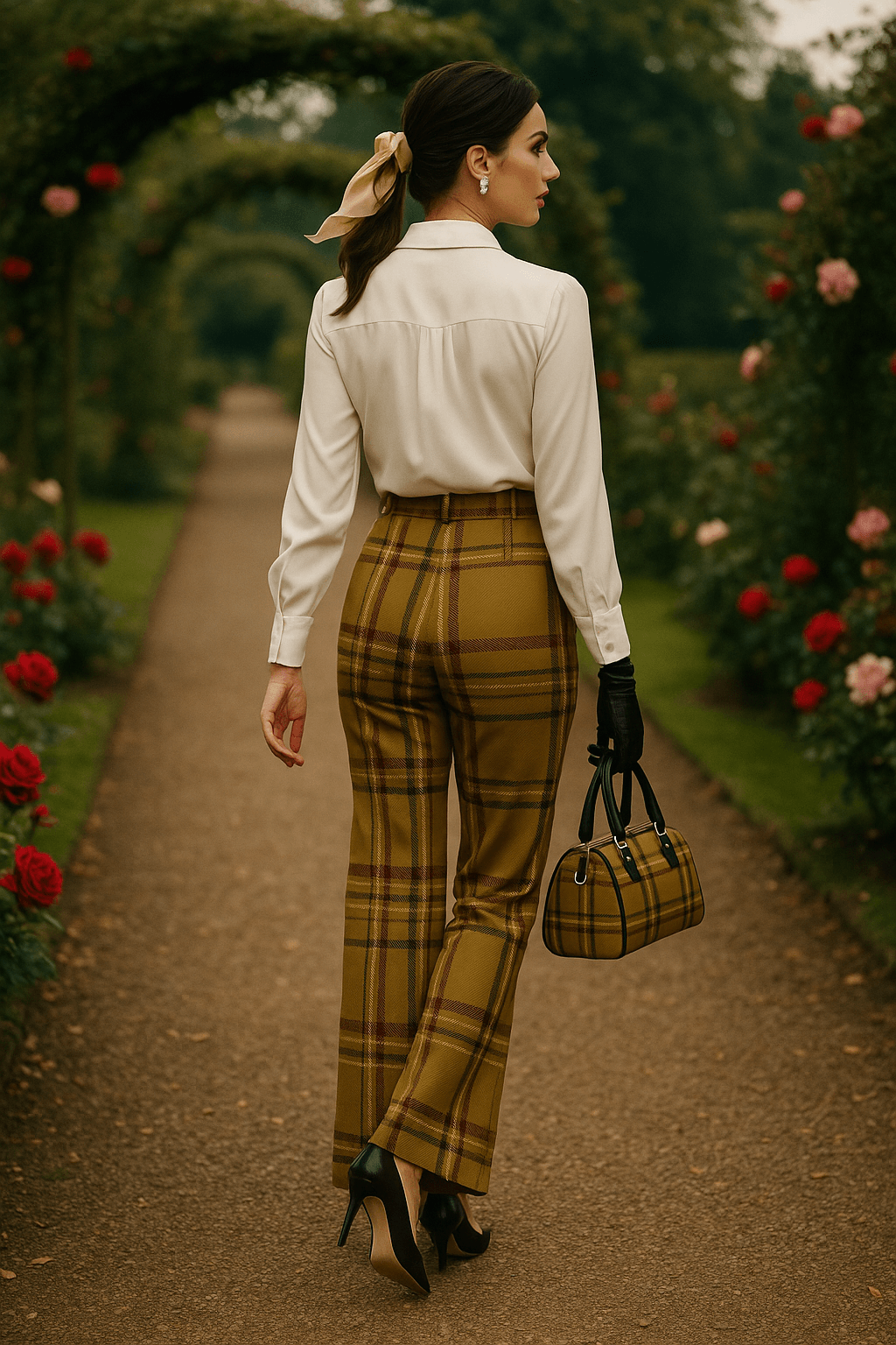 Woman wearing olive tartan high waist flare pants with a white blouse and black heels outdoors