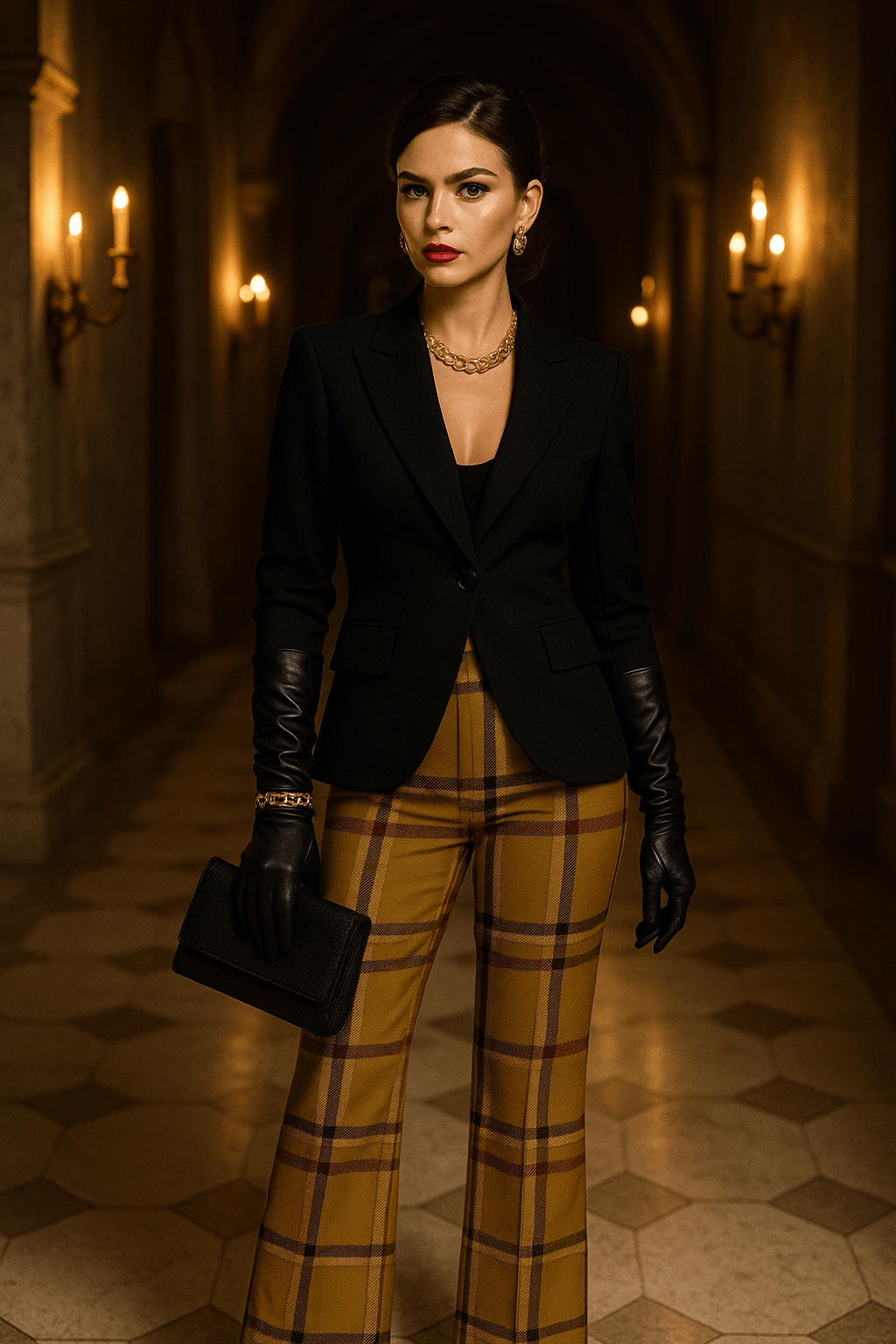 Woman wearing olive tartan high waist flare pants paired with black blazer and gloves