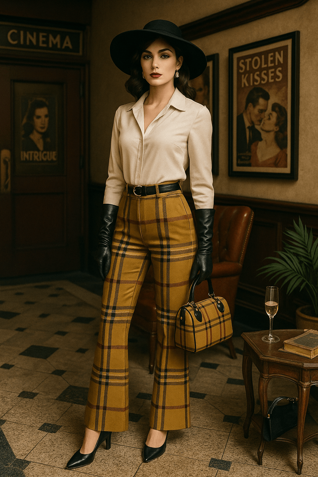 Woman wearing olive tartan high waist flare pants paired with cream blouse and black hat