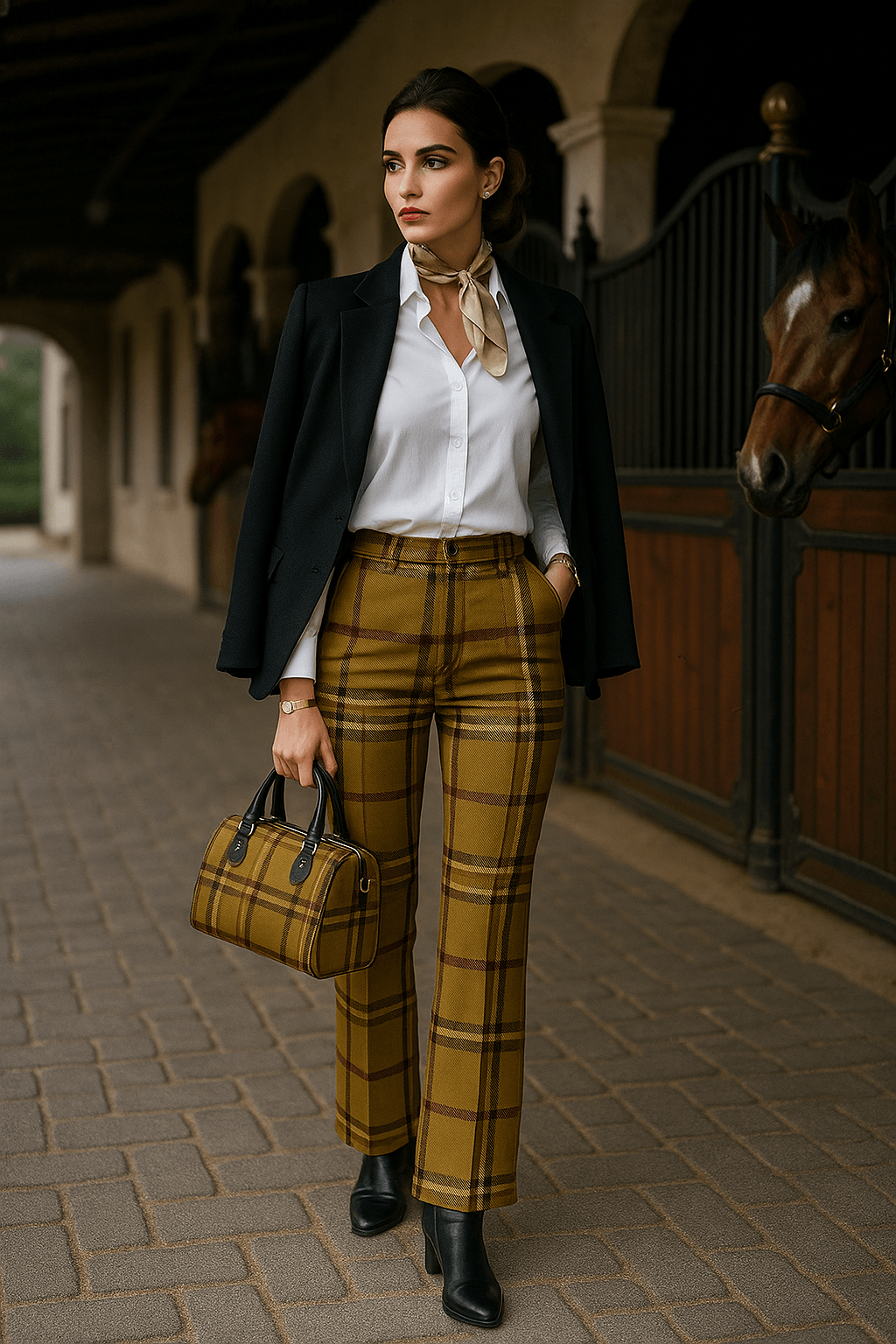 Woman wearing olive tartan high waist flare pants with white blouse and black blazer holding matching bag