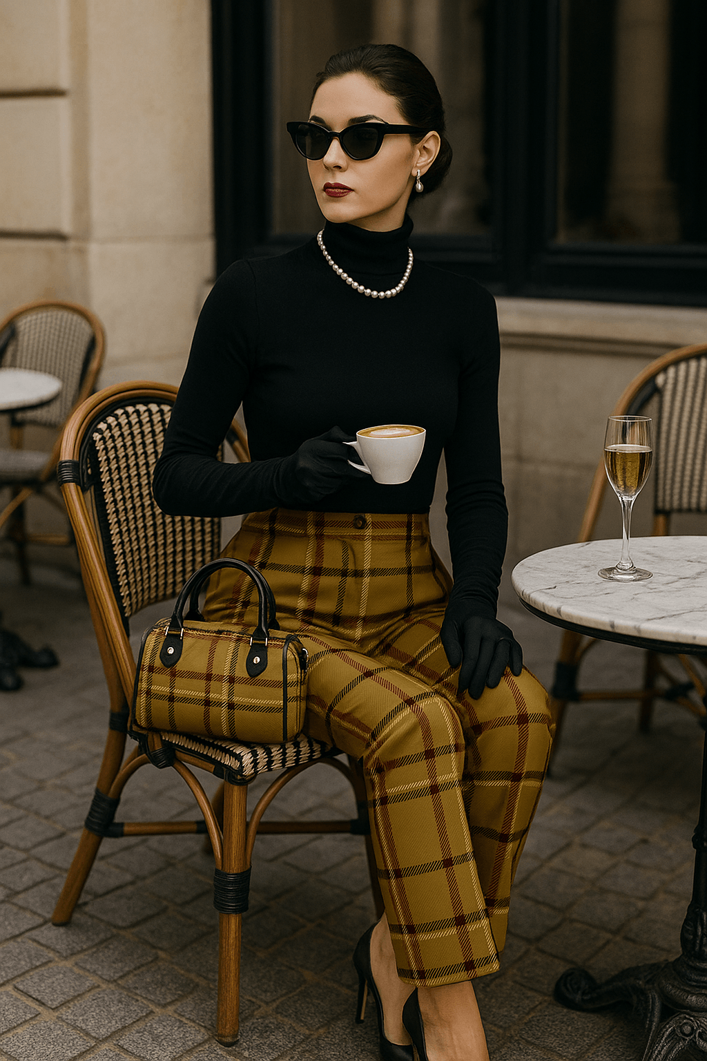 Woman wearing olive tartan high waist flare pants sitting at outdoor cafe holding coffee cup