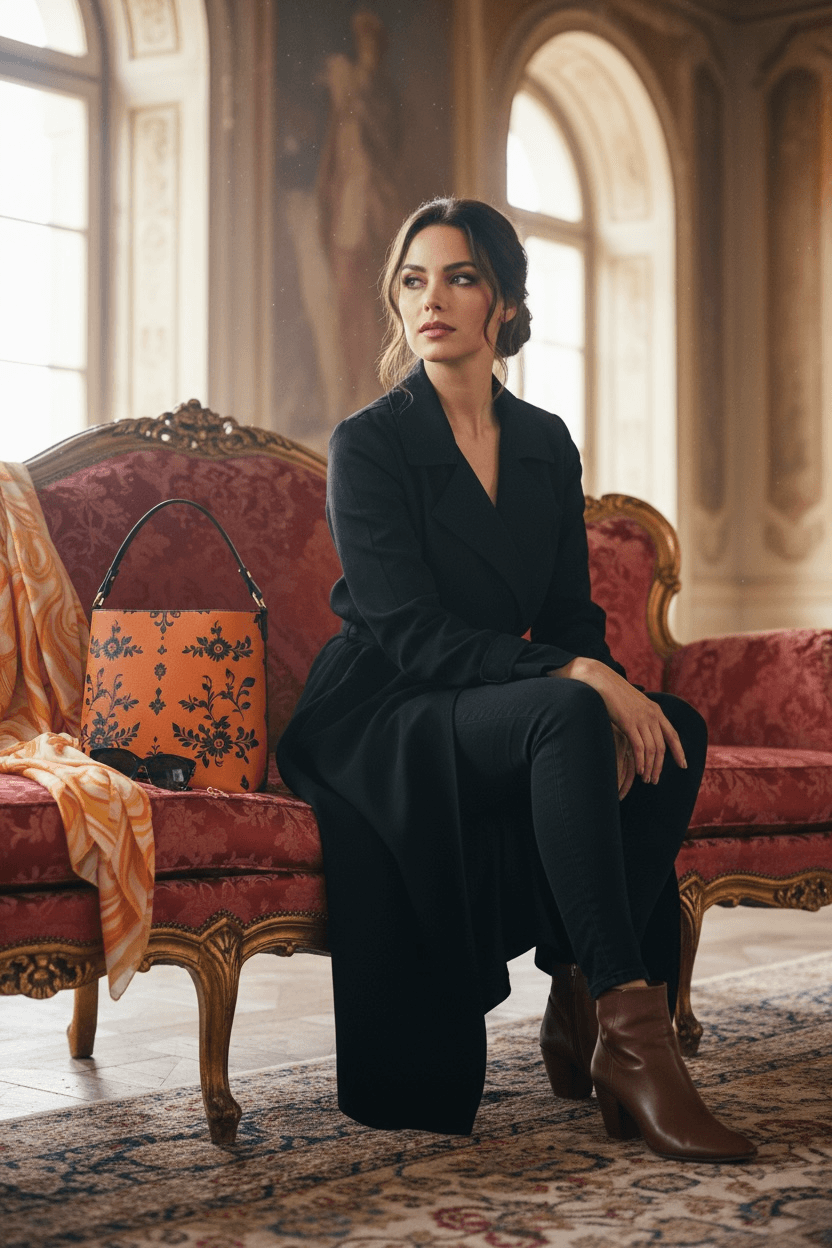 Elegant woman sitting on vintage sofa with orange baroque bucket bag from Angelic Blessings Shop