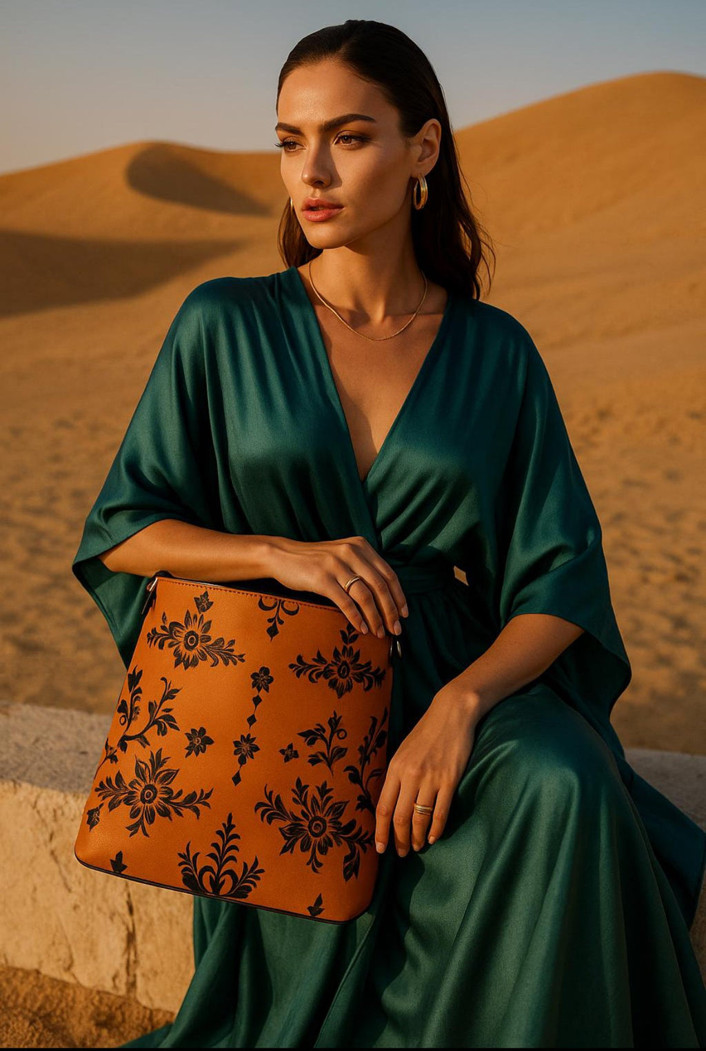 Woman in teal dress holding orange baroque bucket bag with black floral design in desert setting