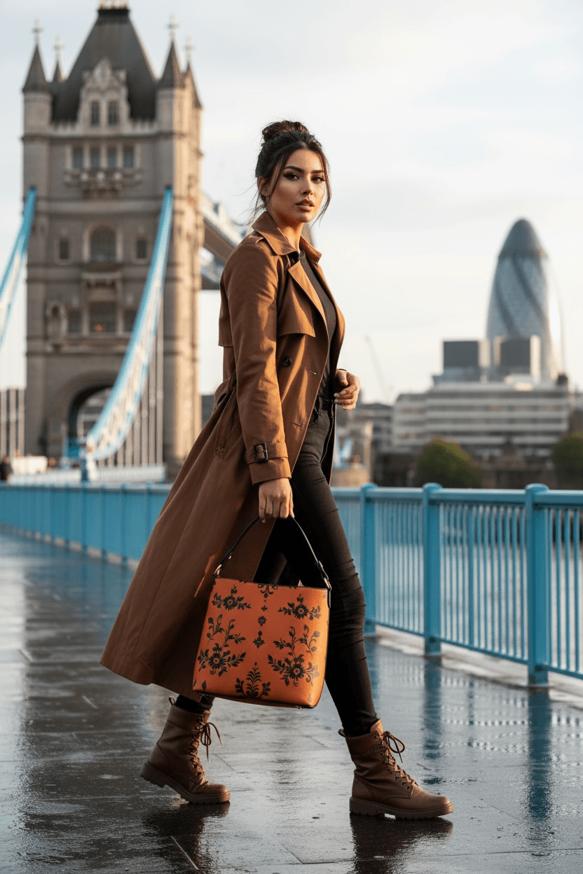 Woman carrying orange baroque bucket bag from Angelic Blessings Shop while walking near London bridge