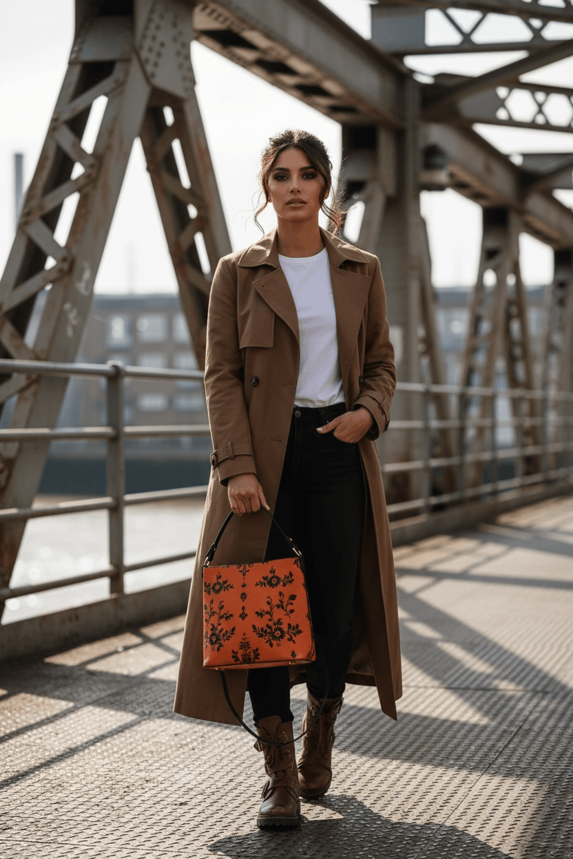 Woman carrying an orange baroque bucket bag from Angelic Blessings Shop with floral pattern and brown trench coat