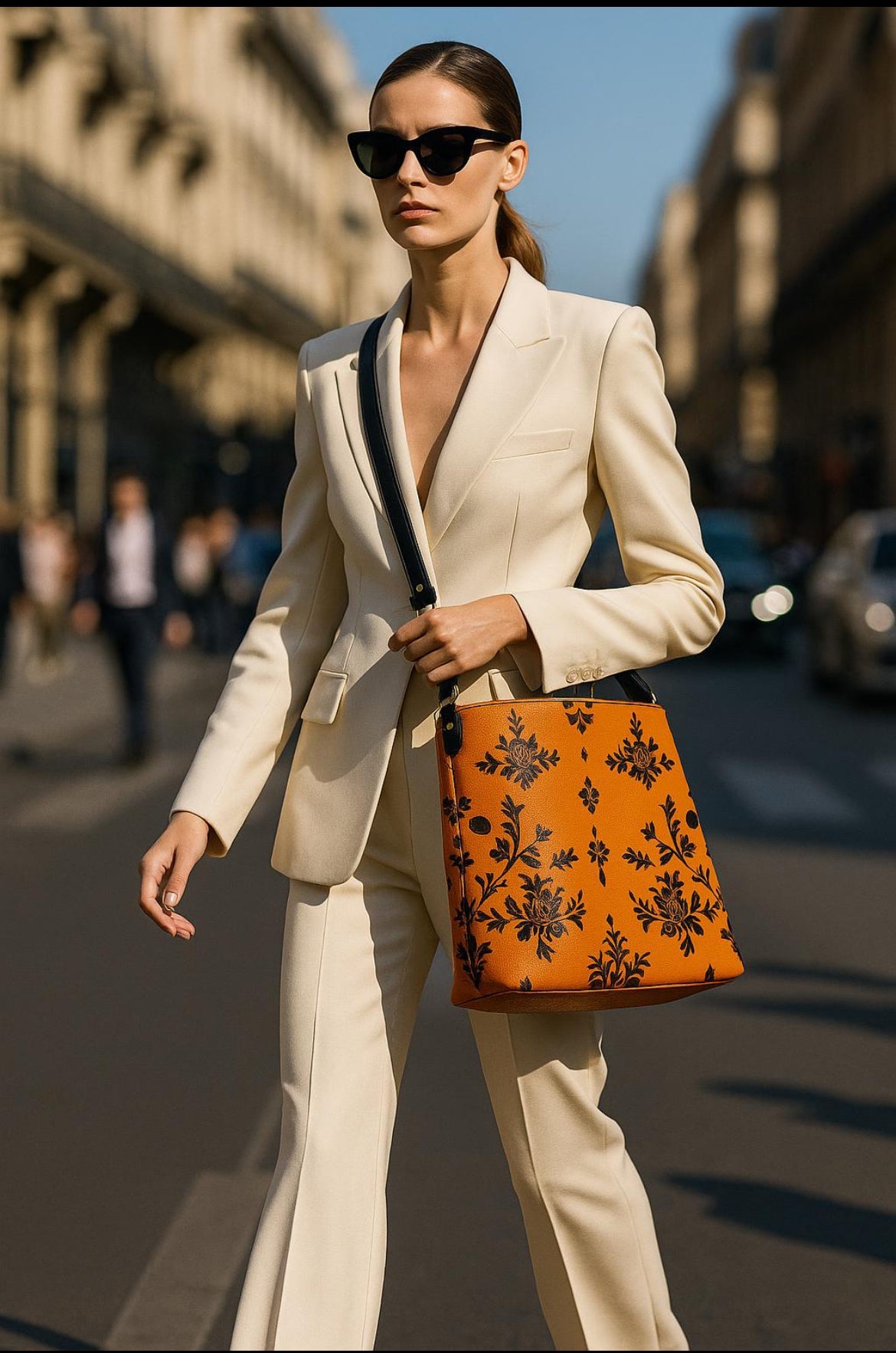 Woman wearing cream suit carrying orange baroque bucket bag with black floral print