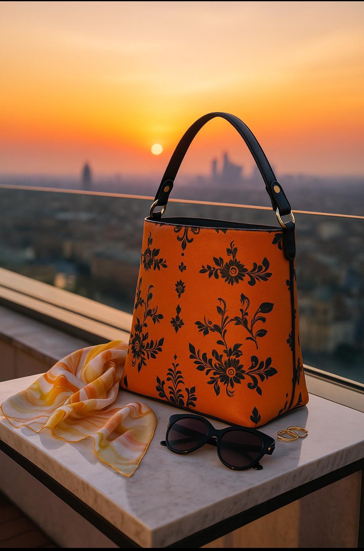 Angelic Blessings Shop orange baroque bucket bag with black floral pattern on rooftop at sunset