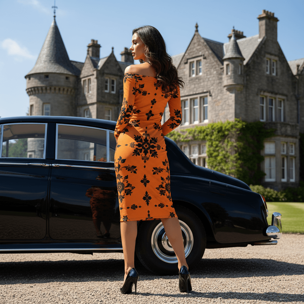 Woman wearing orange floral bodycon dress standing beside vintage black car in front of castle