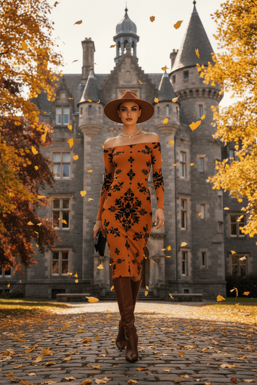 Woman wearing an orange floral bodycon dress and brown boots walking in front of a castle in autumn