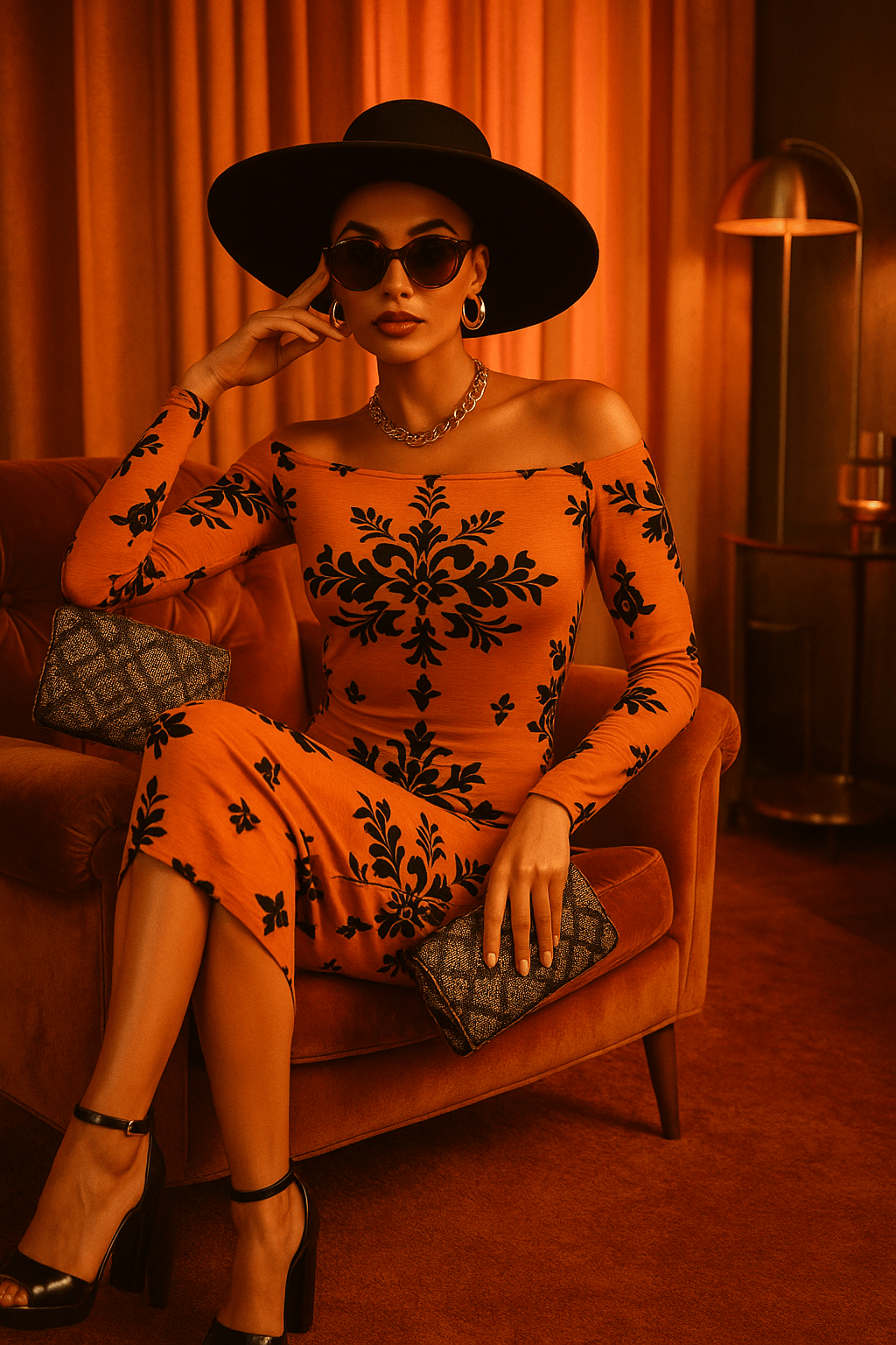 Woman wearing orange floral bodycon dress with off-shoulder design and black pattern sitting on a velvet chair