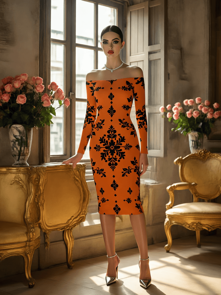Elegant luxury orange floral bodycon dress with off-shoulder design worn by model in vintage room