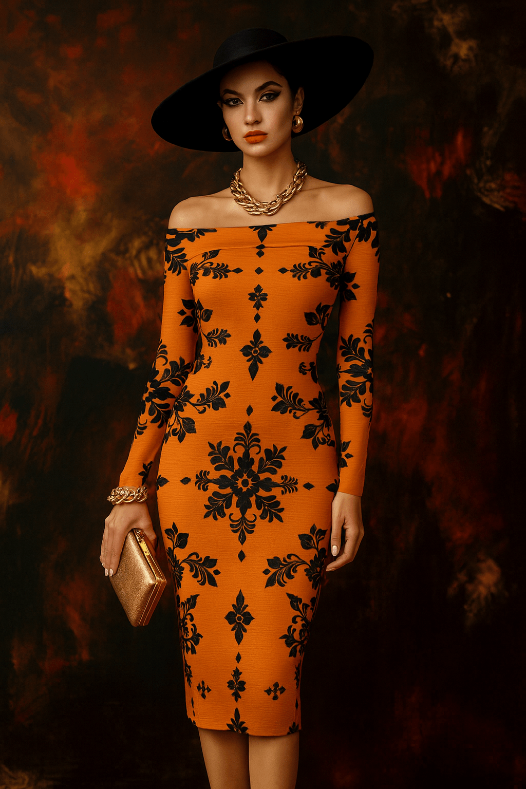 Orange floral bodycon dress with off-shoulder design and long sleeves from Angelic Blessings Shop