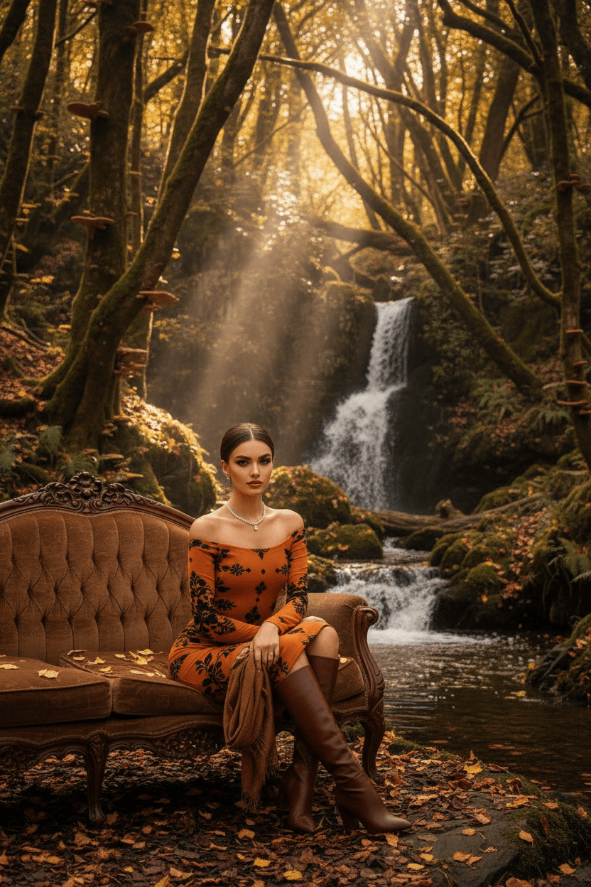 Woman wearing an orange floral bodycon dress sitting on a vintage sofa in a forest near a waterfall