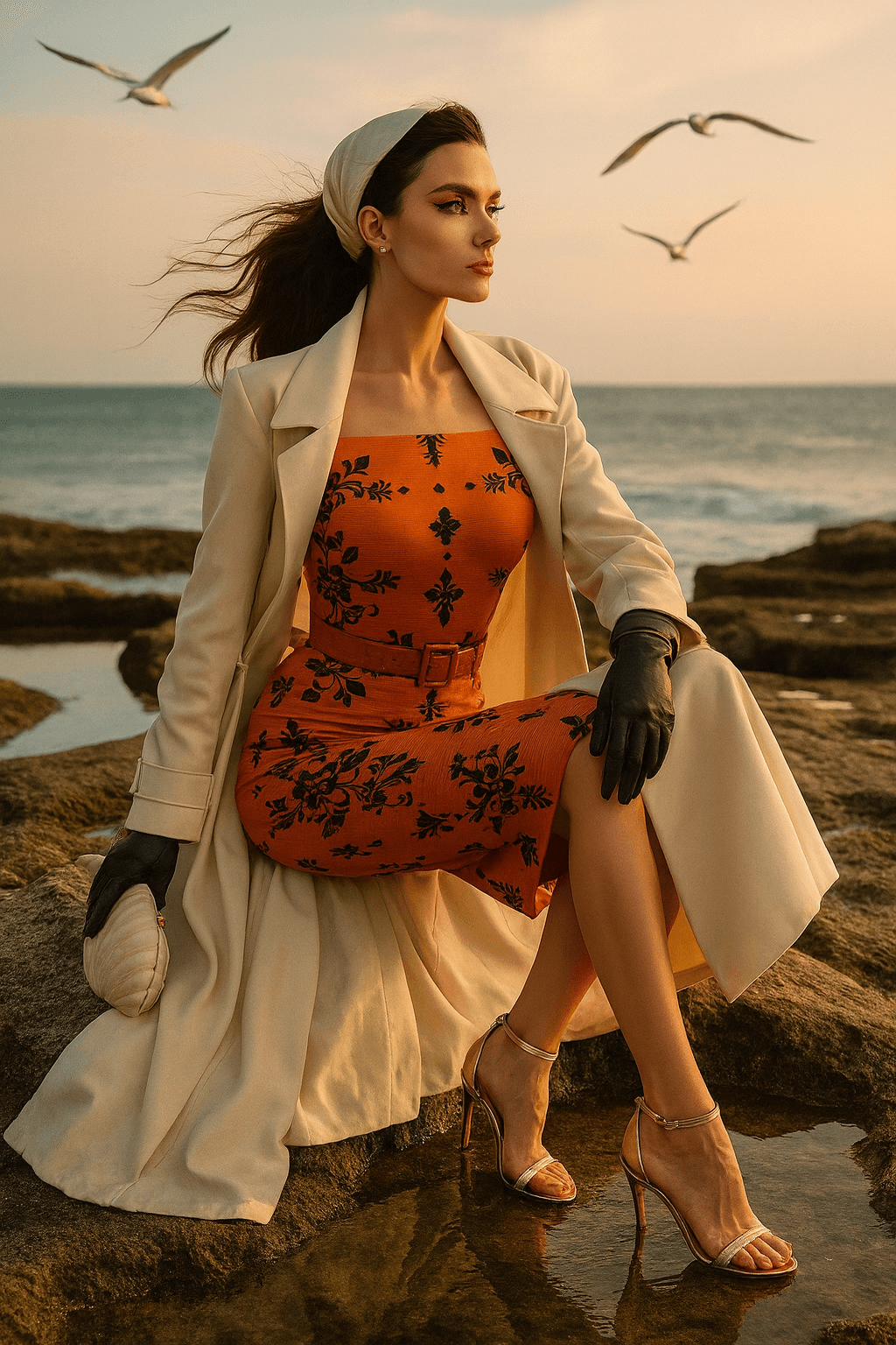 Woman wearing an orange floral bodycon dress with a beige coat and heels by the ocean at sunset
