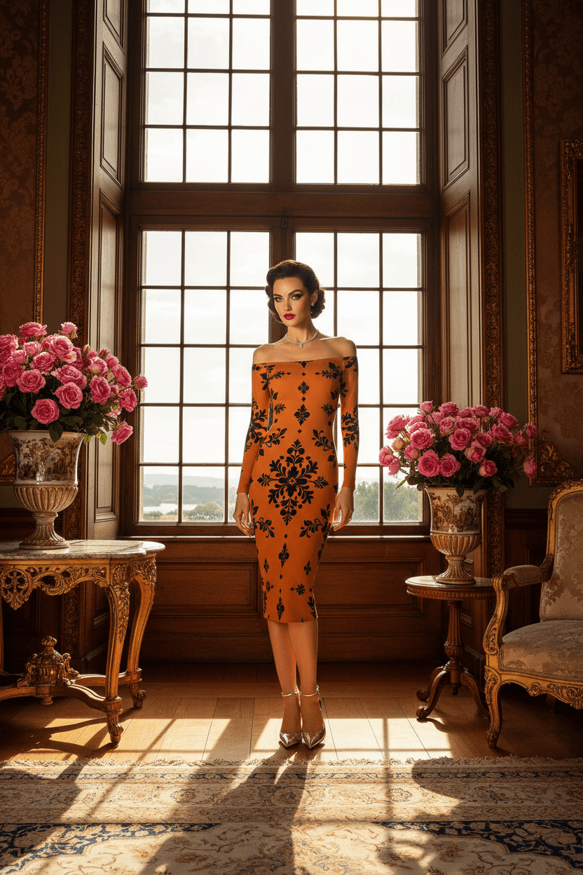 Woman wearing an orange floral bodycon dress standing in a luxurious room with large windows and pink floral arrangements