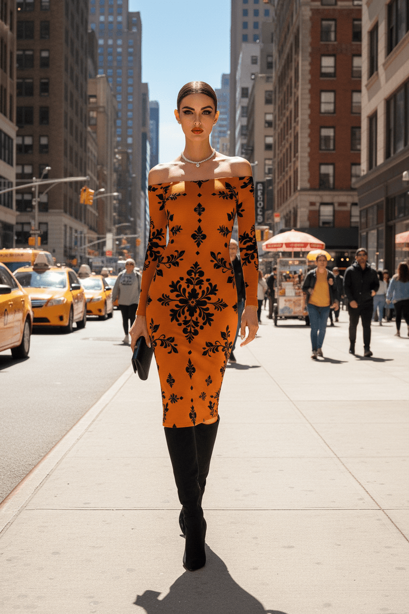 Model wearing orange floral bodycon dress by Angelic Blessings Shop walking in city street