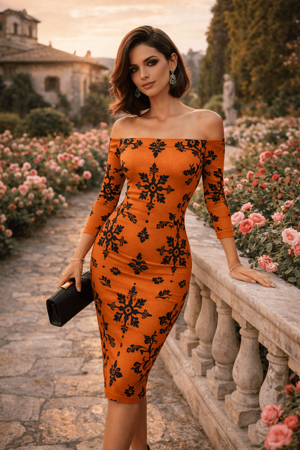 Orange floral bodycon midi dress styled for date night and elegant evening occasions