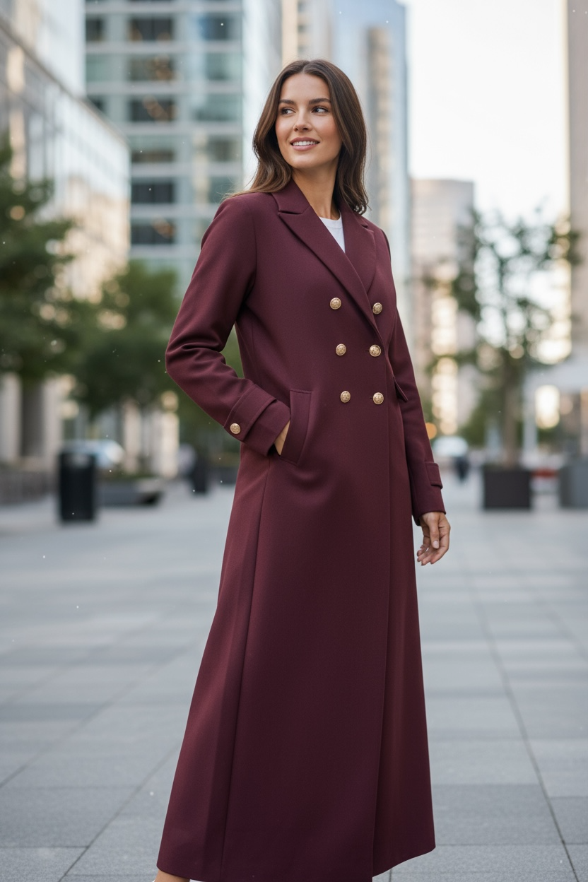 Luxury burgundy trench coat women double-breasted with gold buttons worn outdoors in city