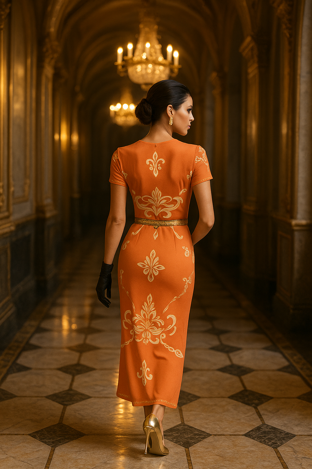 Angelic Blessings Shop pastel orange midi dress for women with gold floral patterns and elegant fit