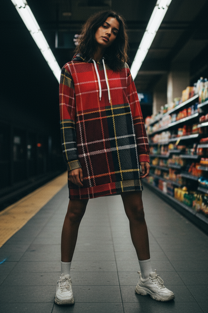 Plaid velvet hoodie dress close-up - authentic Scottish tartan print texture and quality"