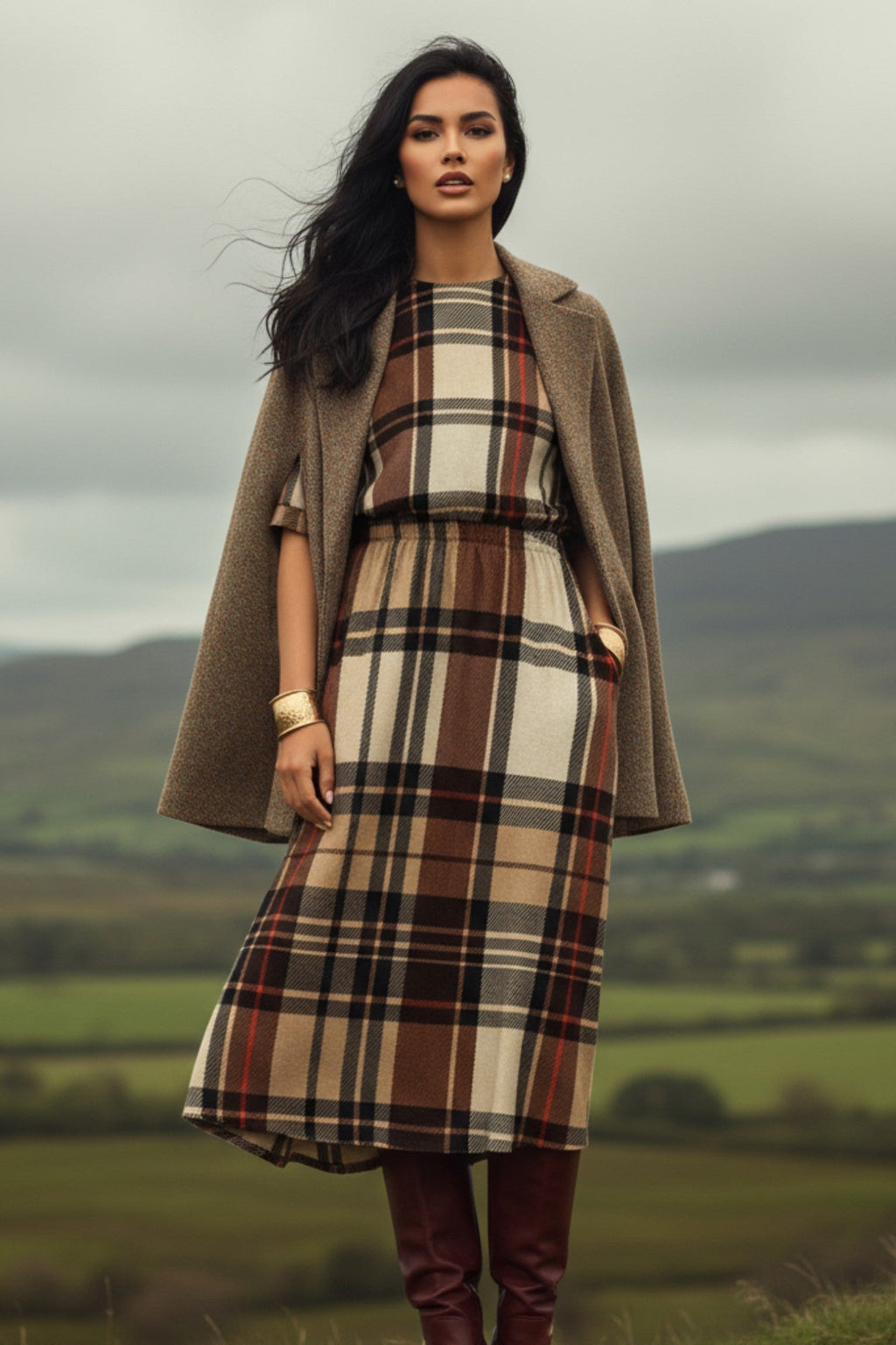 Plaid midi dress for work or casual outings – elegant comfort for women