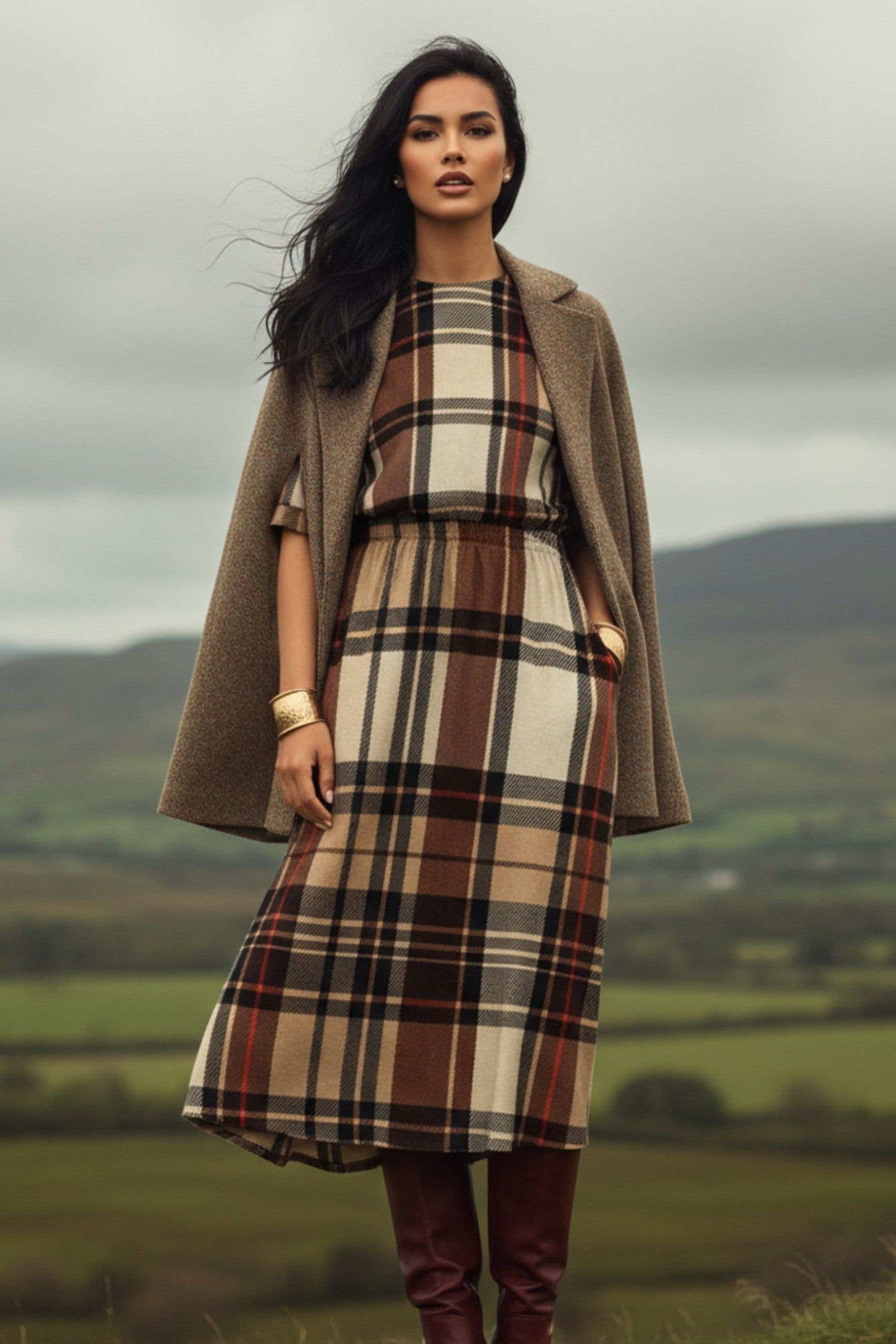 Plaid midi dress for work or casual outings – elegant comfort for women