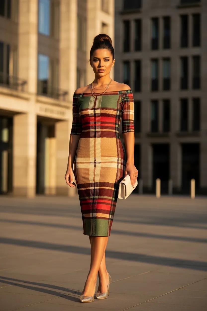 Plaid off shoulder midi dress for wedding guest and holiday party USA