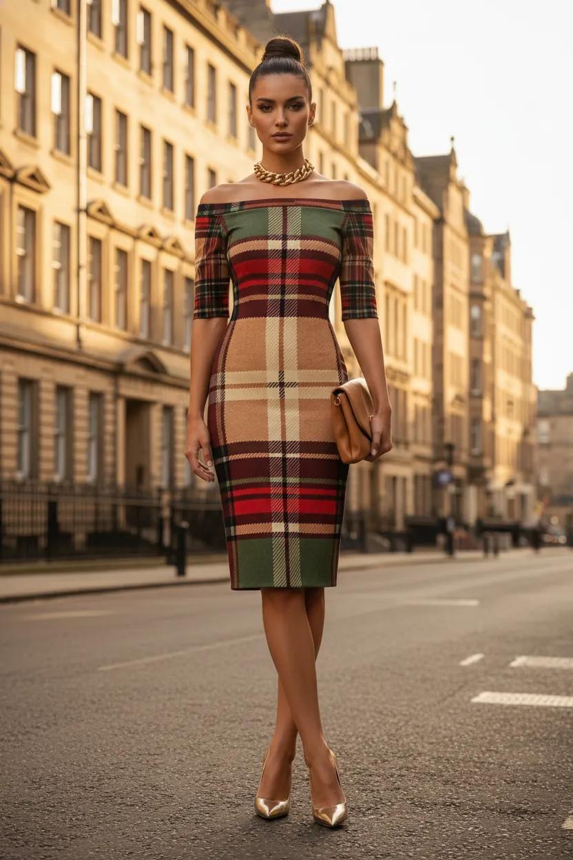 Elegant plaid wrap pencil midi dress for cocktail and formal events