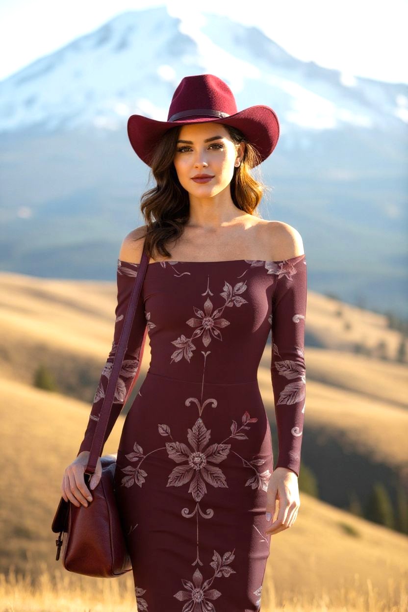 Plus size baroque cocktail dress in burgundy with floral patterns worn with a matching hat and purse