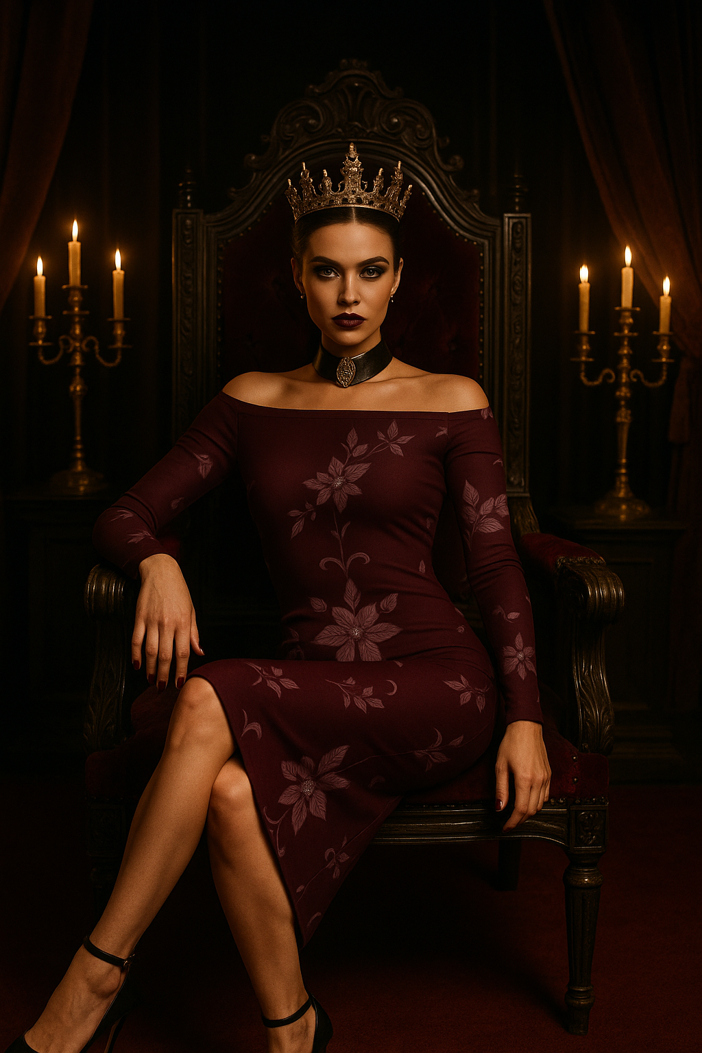 Plus size baroque cocktail dress in dark floral pattern worn by model with crown sitting on ornate throne