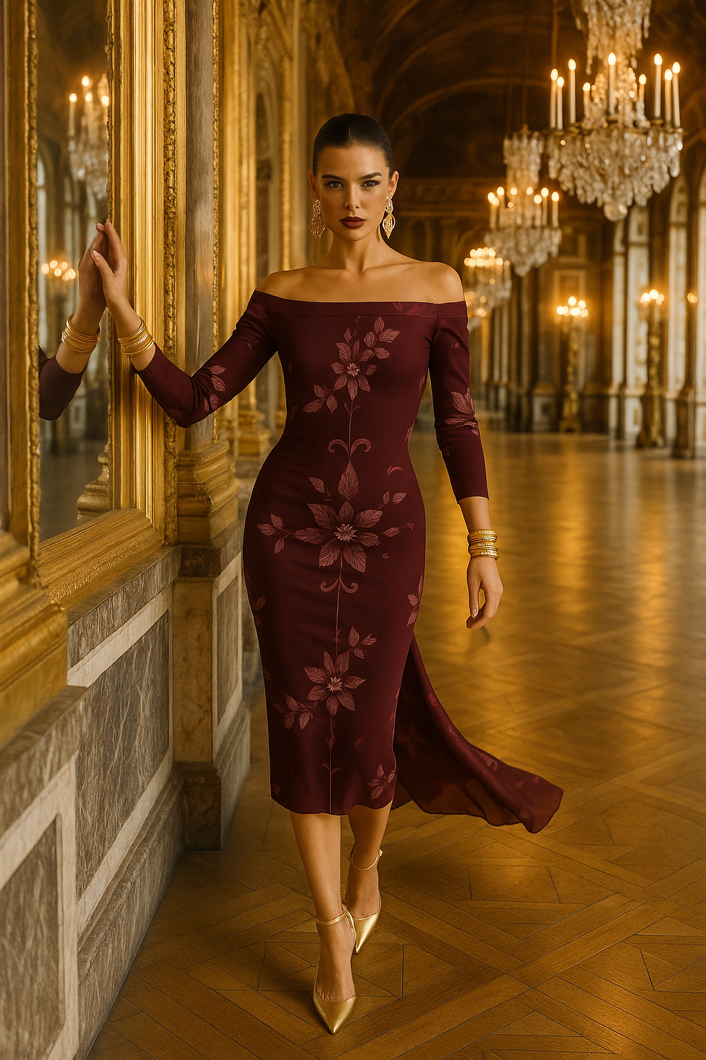 Plus size baroque cocktail dress by Angelic Blessings Shop in deep burgundy with floral patterns and off-shoulder design