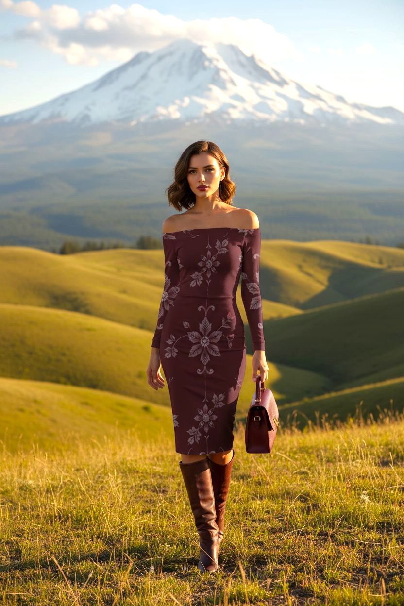 Plus size baroque cocktail dress in deep burgundy with floral patterns, worn by model in scenic outdoor setting