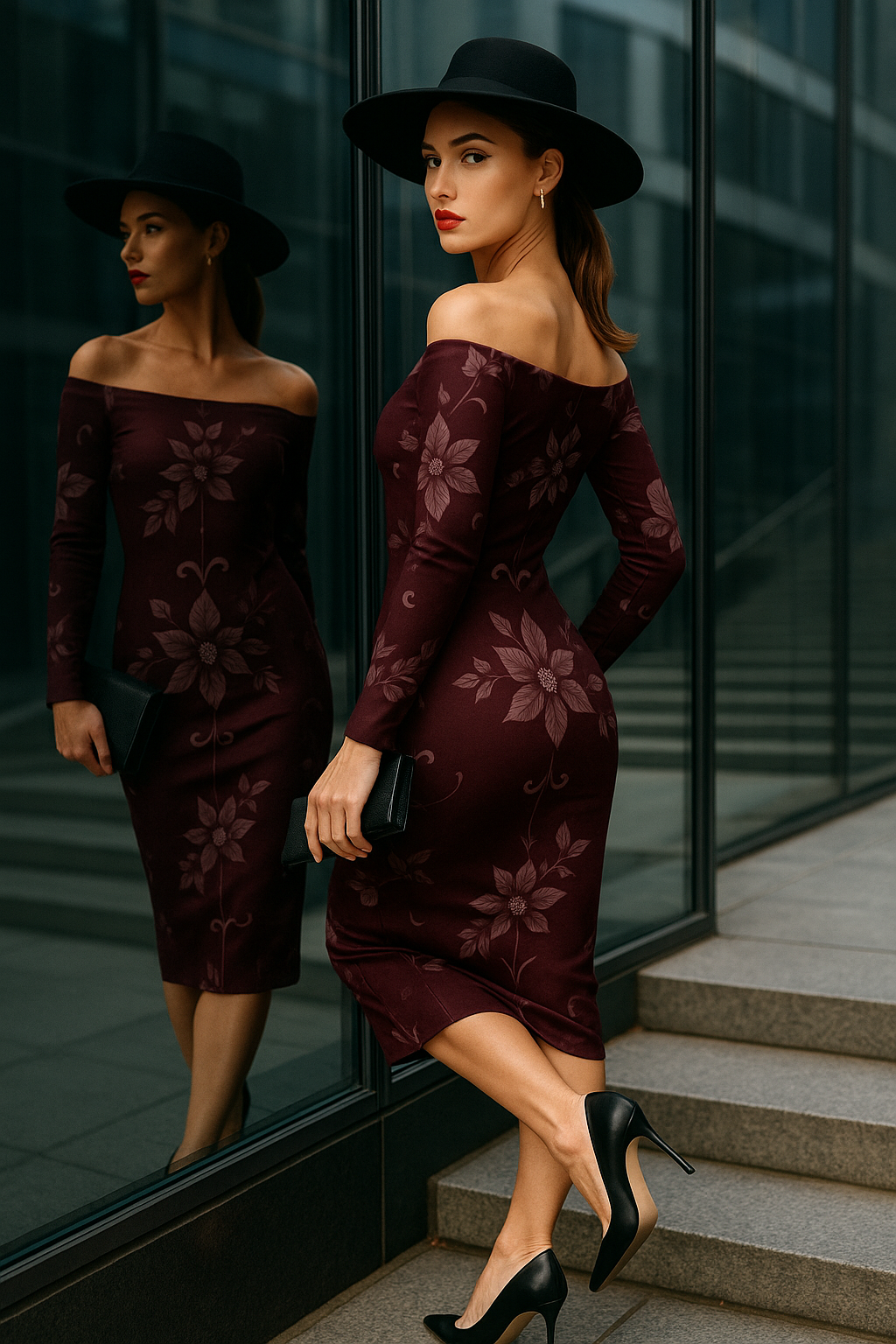 Woman wearing a plus size baroque cocktail dress in dark burgundy with floral patterns and black hat