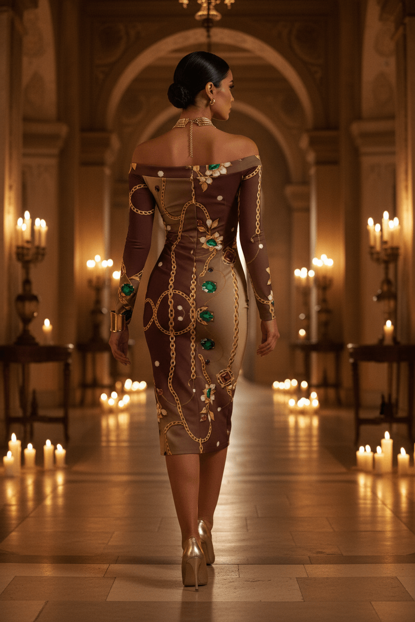 Brown off-shoulder bodycon plus size statement cocktail dress with gold chain and jewel print