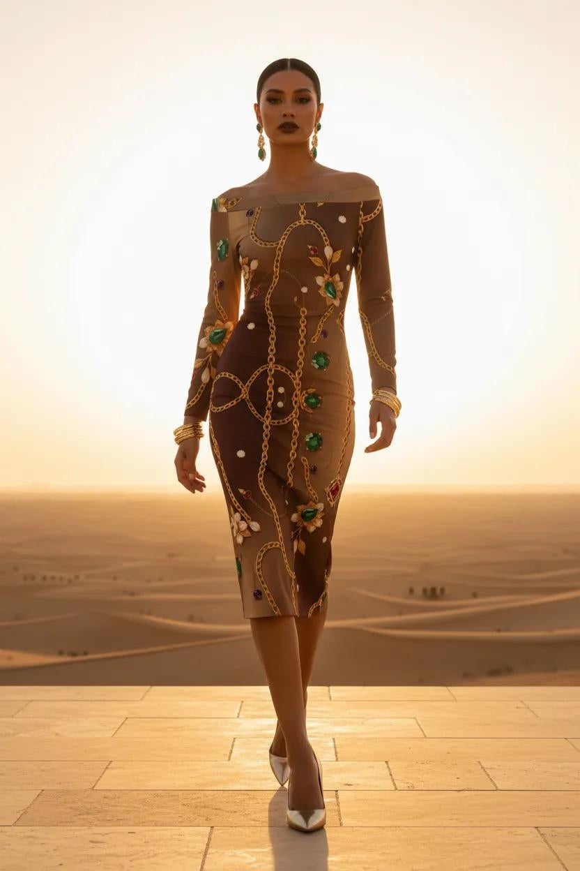 Brown off-shoulder midi plus size statement cocktail dress with chain and floral print silhouette by Angelic Blessing Shop