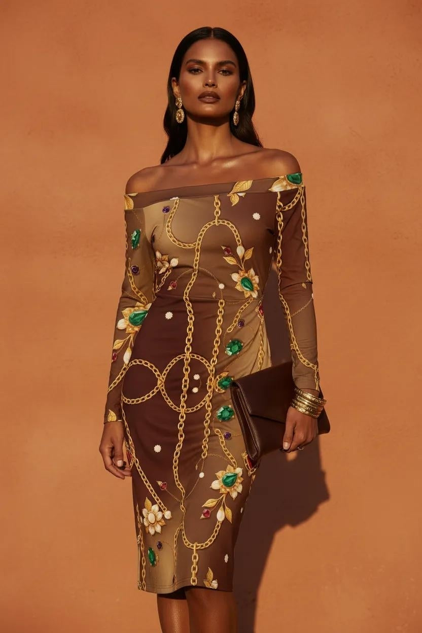 Brown plus size statement cocktail dress with floral and chain print off-shoulder midi silhouette