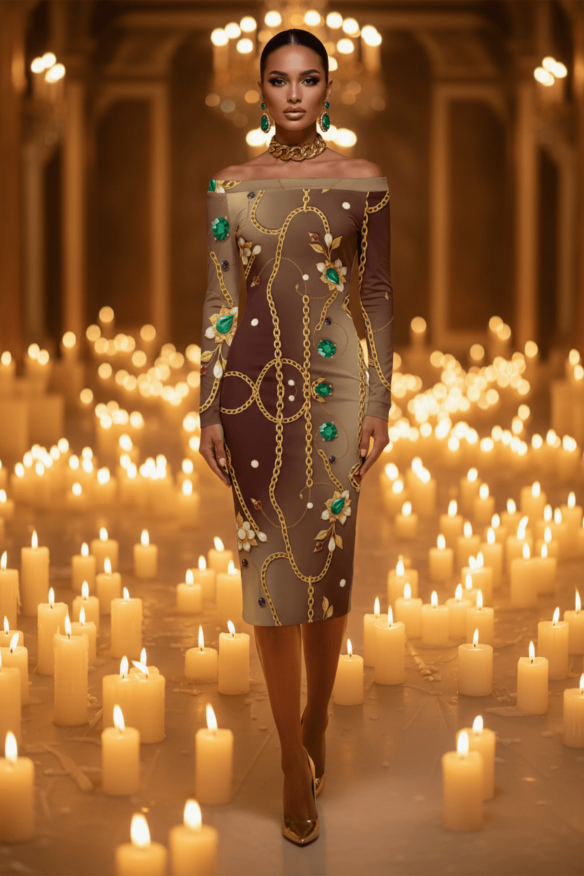 Brown off-shoulder midi dress with gold chain and green floral pattern plus size statement cocktail dress