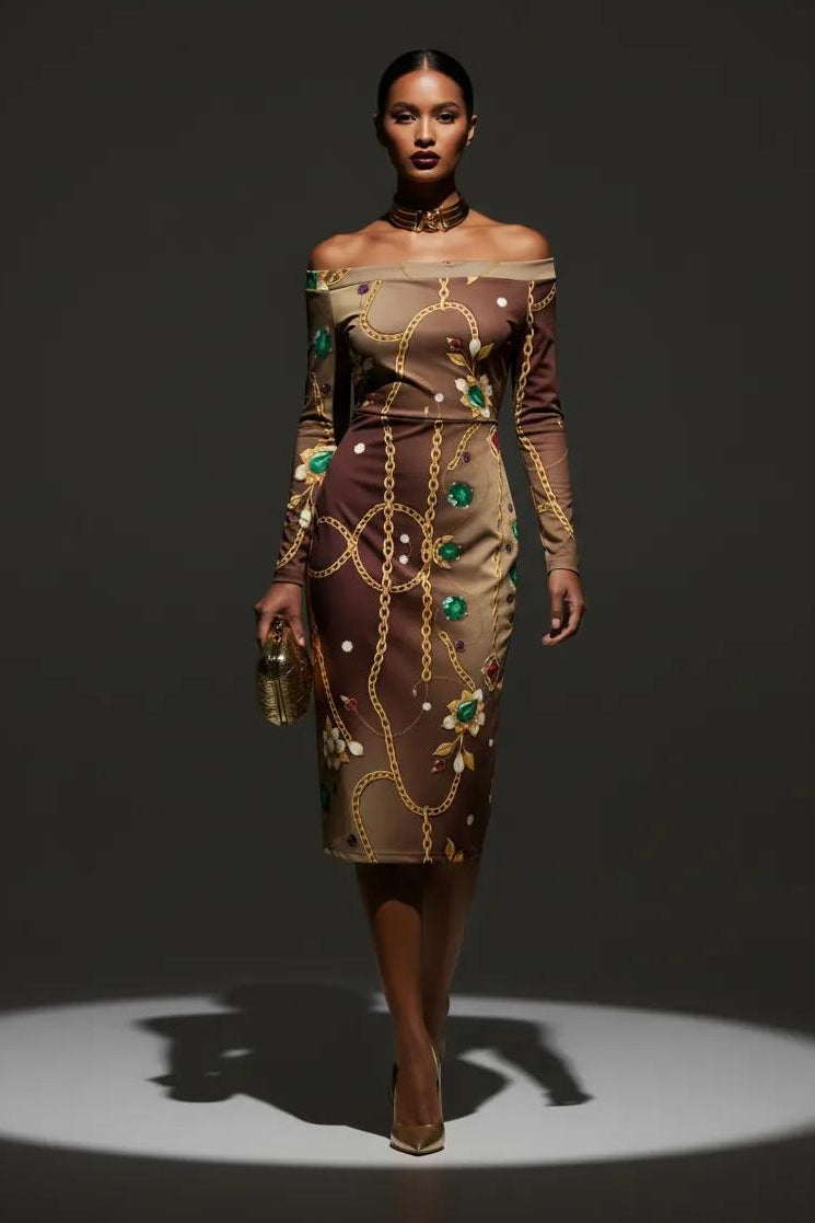 Brown plus size statement cocktail dress with gold chain and floral print, off-shoulder fitted midi silhouette