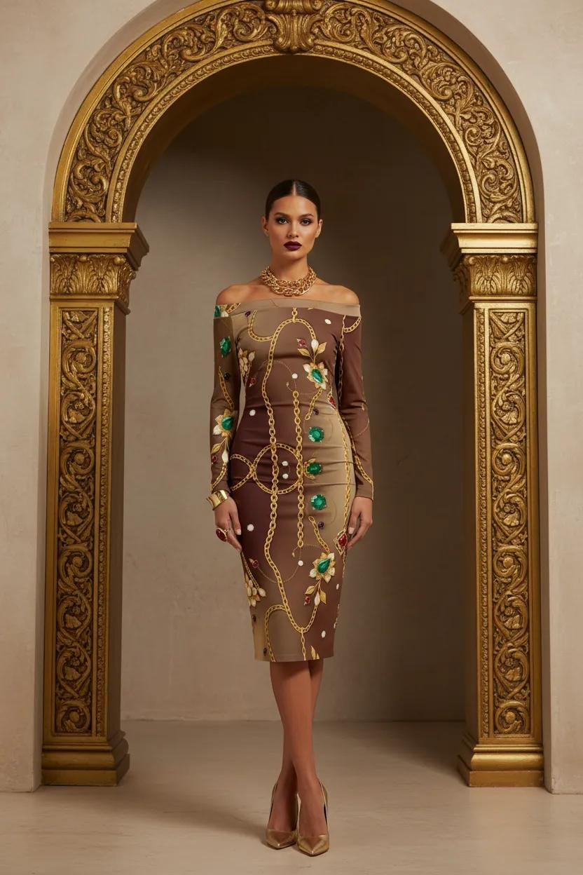 Brown off-shoulder plus size statement cocktail dress with floral and chain print midi silhouette