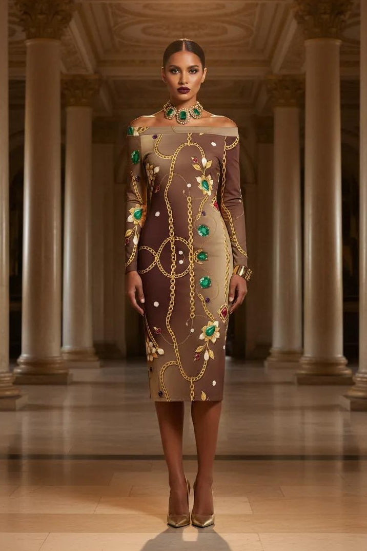 Brown off-shoulder midi plus size statement cocktail dress with gold chain and floral print