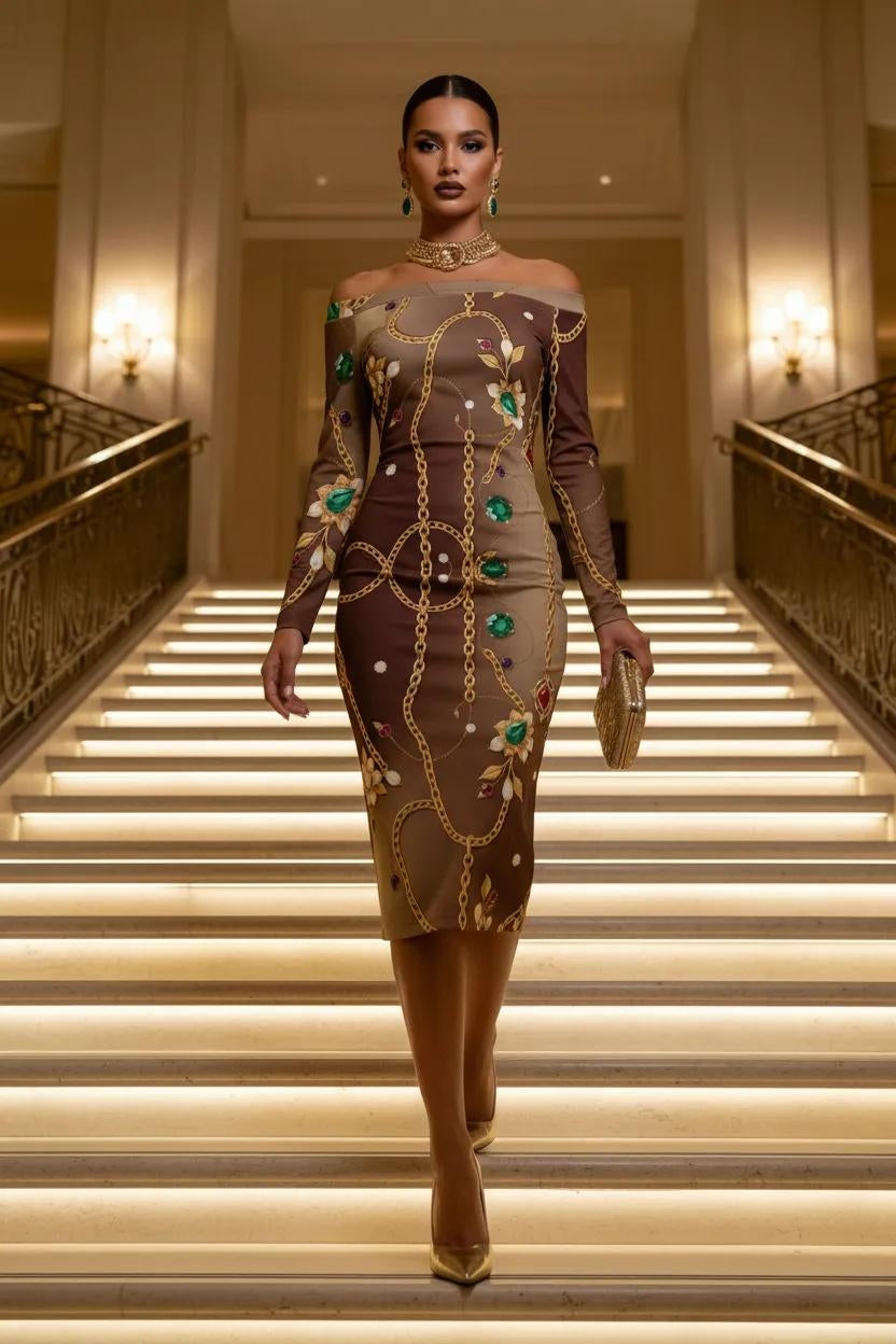 Brown off-shoulder plus size statement cocktail dress with gold chain and floral print silhouette