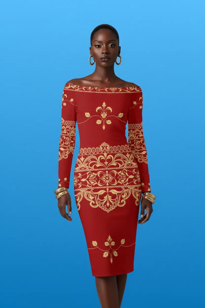 Full body view of a powerful feminine look featuring a statement midi dress.
