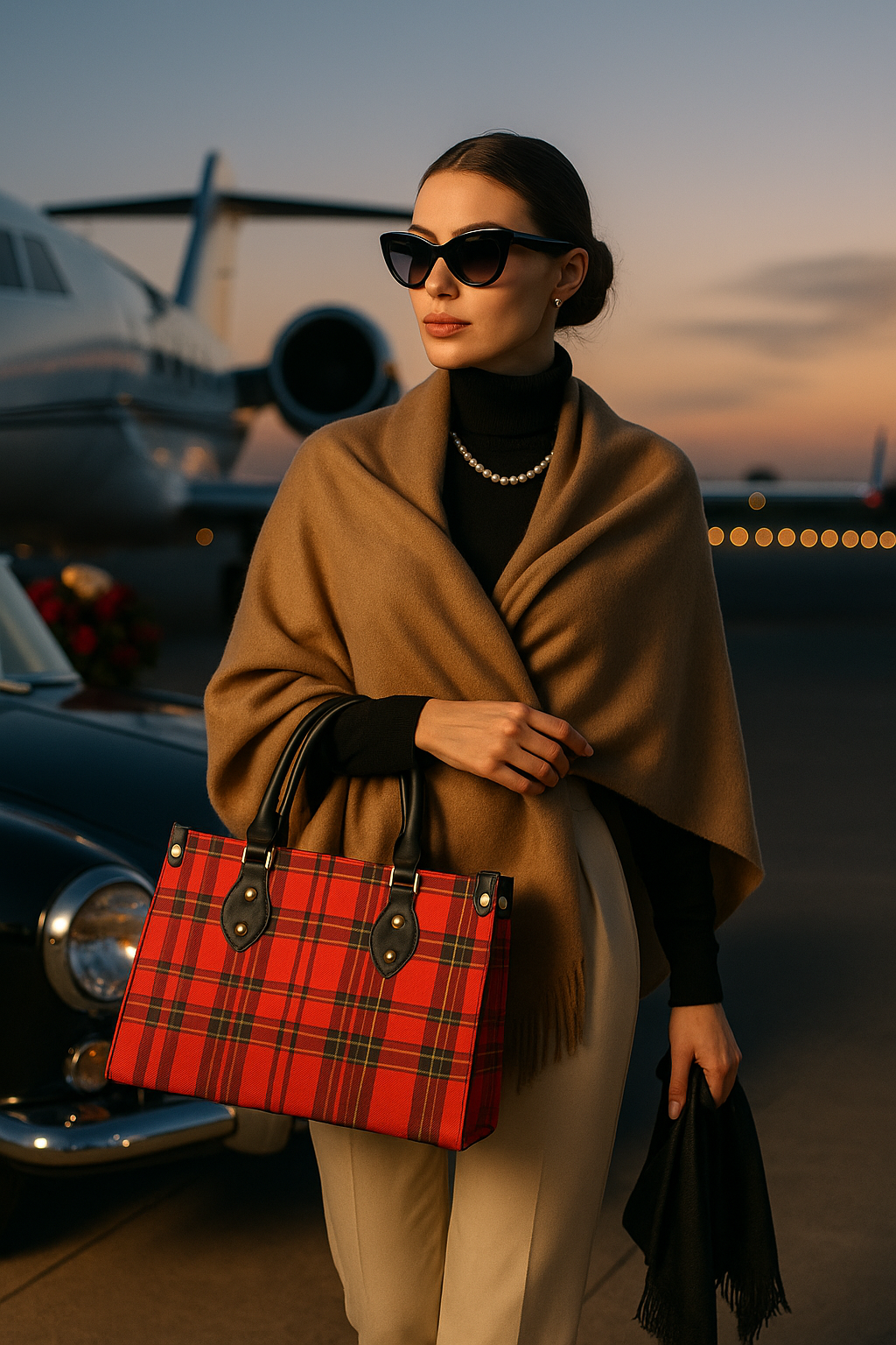 Premium faux leather red tartan tote with gold accents