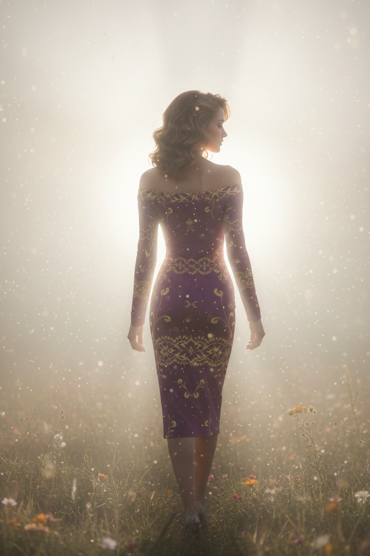 Silhouette of woman wearing purple gold off-shoulder midi dress by Angelic Blessings Shop in a glowing field