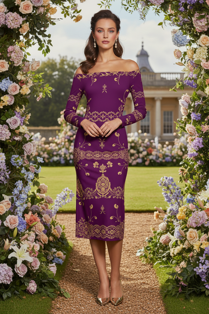 Purple gold off-shoulder midi dress with intricate embroidery worn by model in floral garden