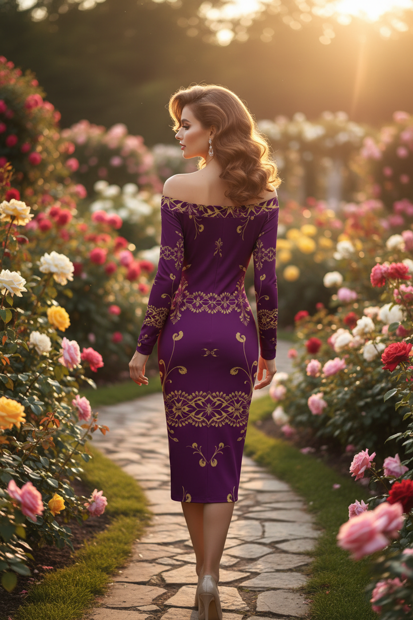 Woman wearing a purple gold off-shoulder midi dress walking through a garden pathway
