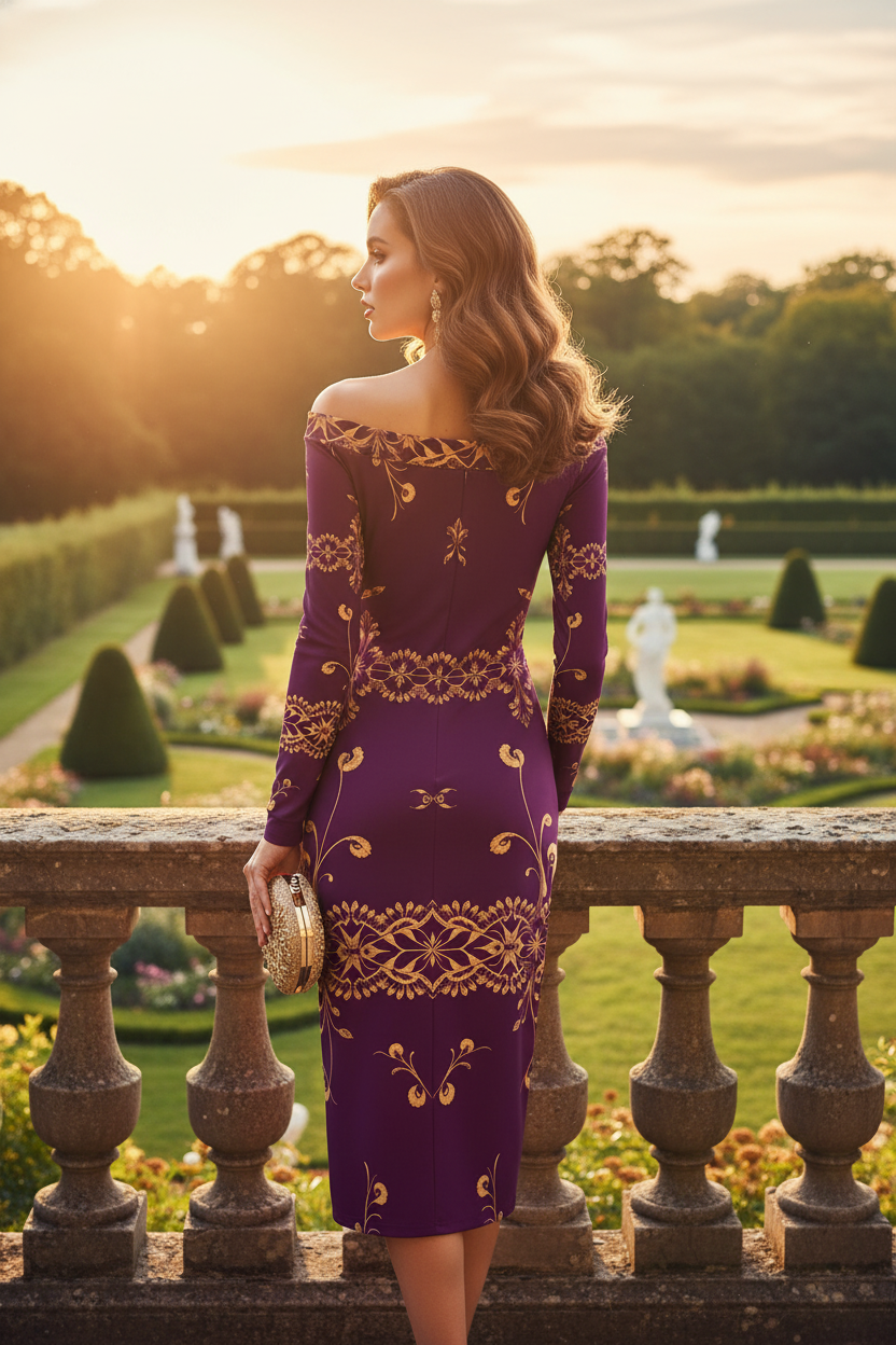 Woman wearing a purple gold off-shoulder midi dress standing outdoors by a stone railing in a garden