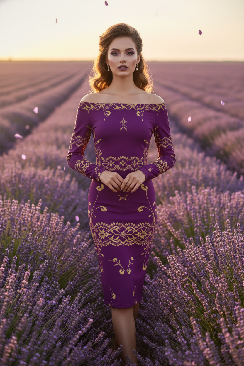 Woman wearing purple gold off-shoulder midi dress standing in a lavender field at sunset